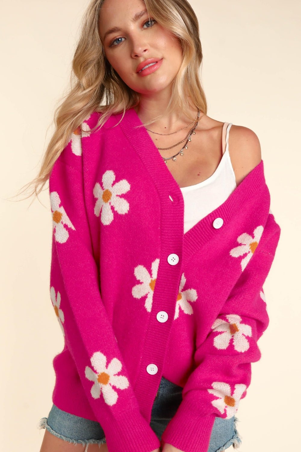 Haptics - Daisy Pattern Button Down Long Sleeve Cardigan in Fuchsia