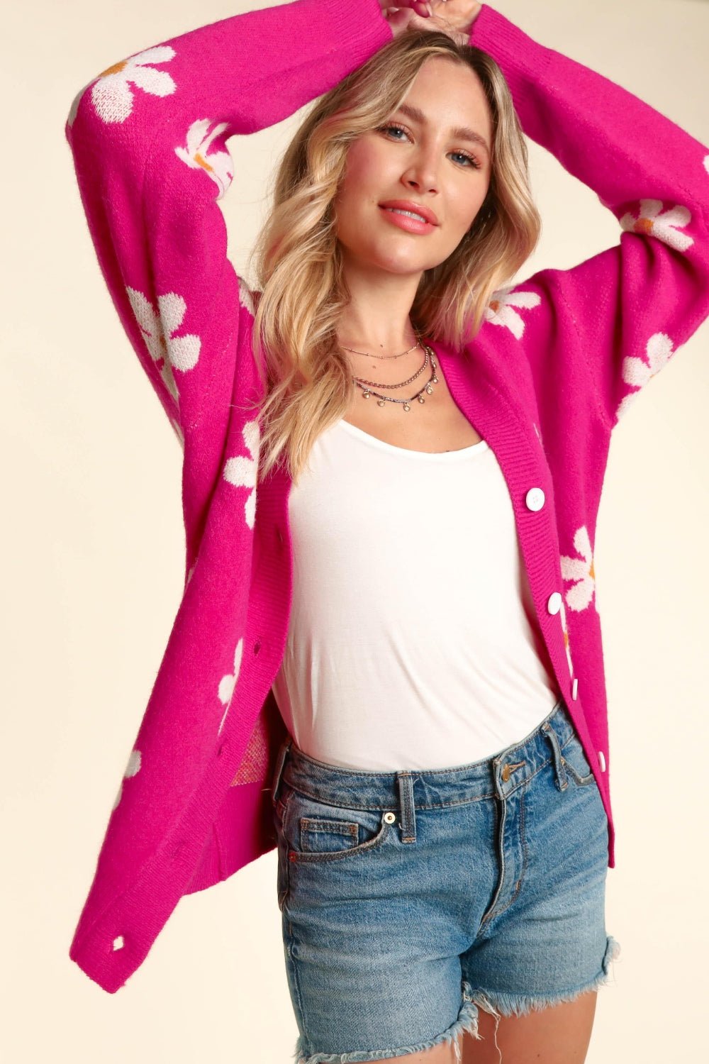 Haptics - Daisy Pattern Button Down Long Sleeve Cardigan in Fuchsia