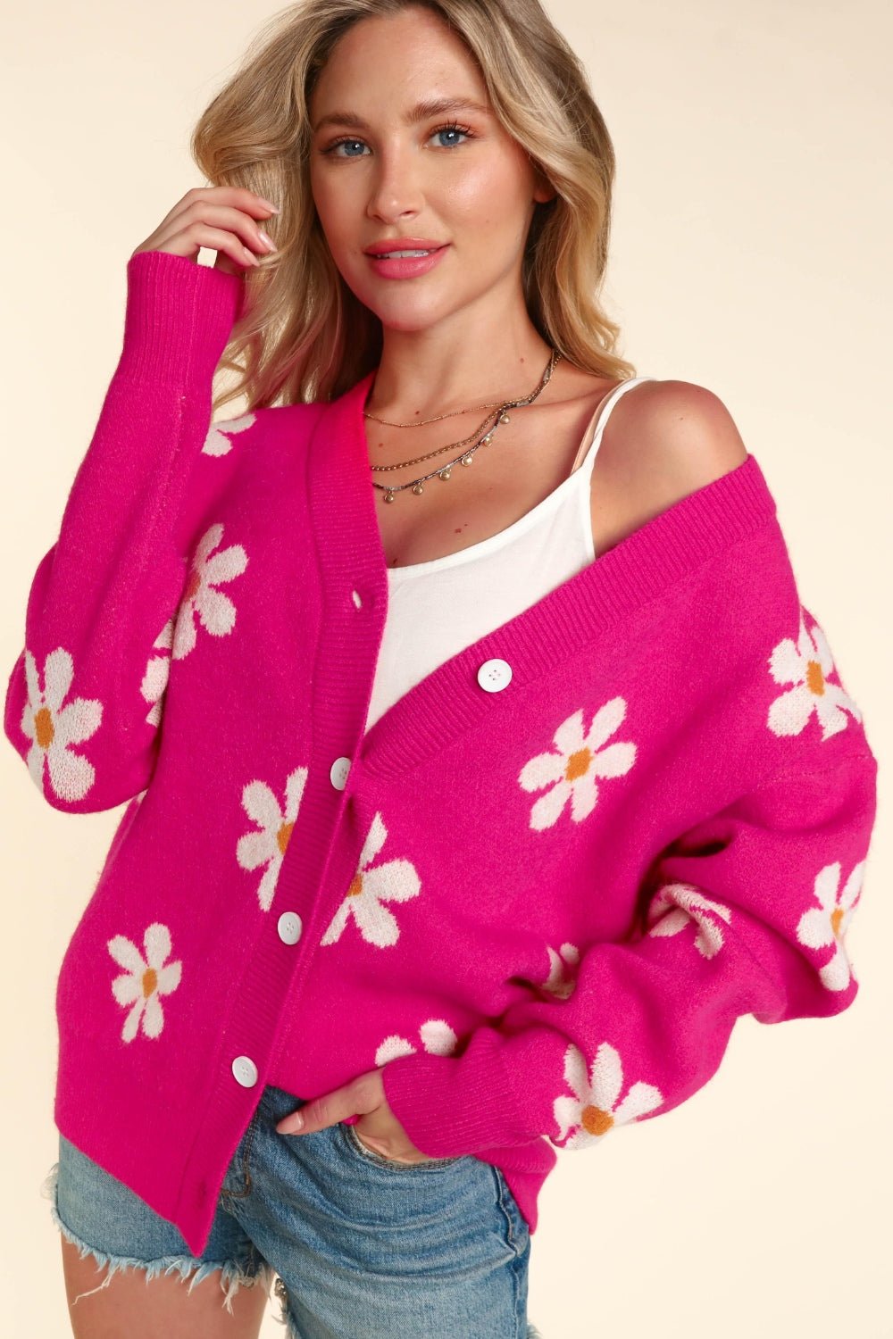 Haptics - Daisy Pattern Button Down Long Sleeve Cardigan in Fuchsia