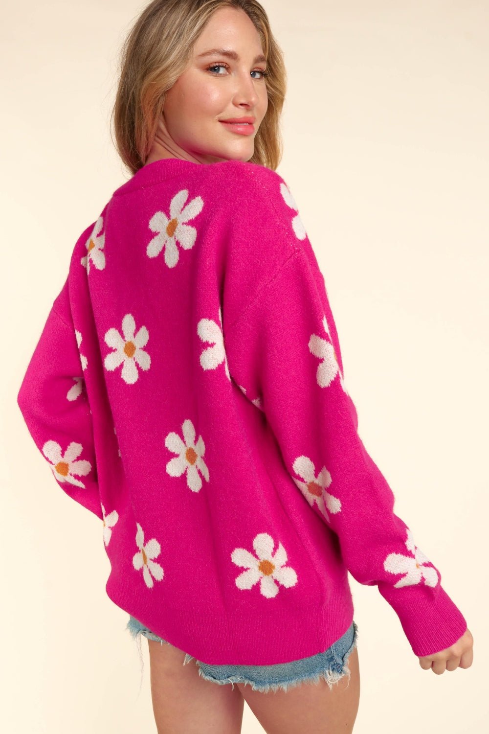 Haptics - Daisy Pattern Button Down Long Sleeve Cardigan in Fuchsia