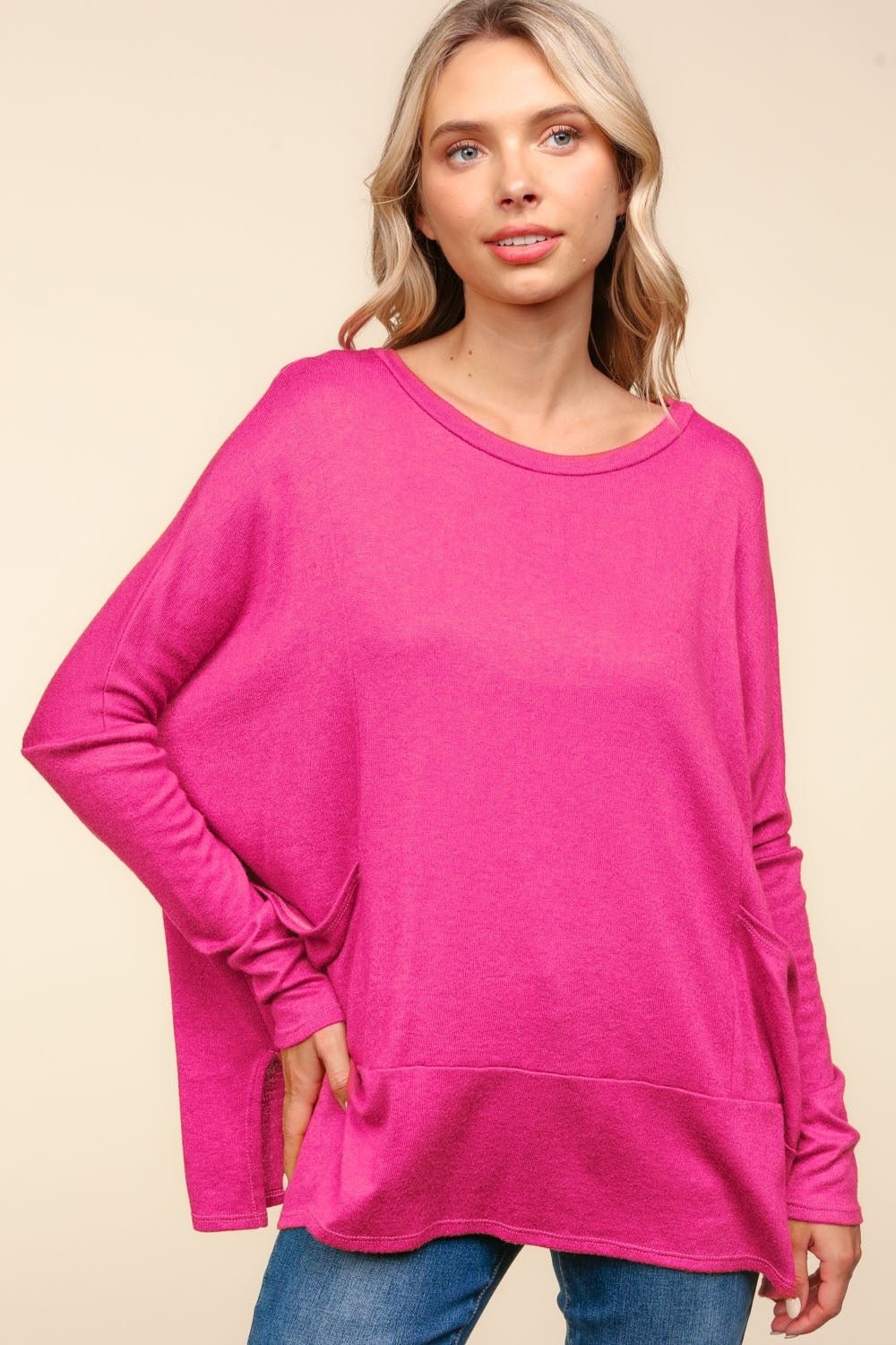 Haptics - Dolman Long Sleeve Oversized Knit Top with Pockets in Fuchsia