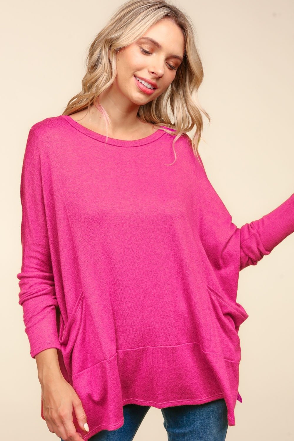 Haptics - Dolman Long Sleeve Oversized Knit Top with Pockets in Fuchsia