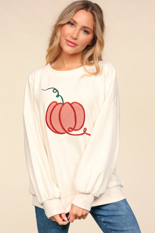 Haptics - Embroidered Pumpkin Long Sleeve Knit Top in Ivory