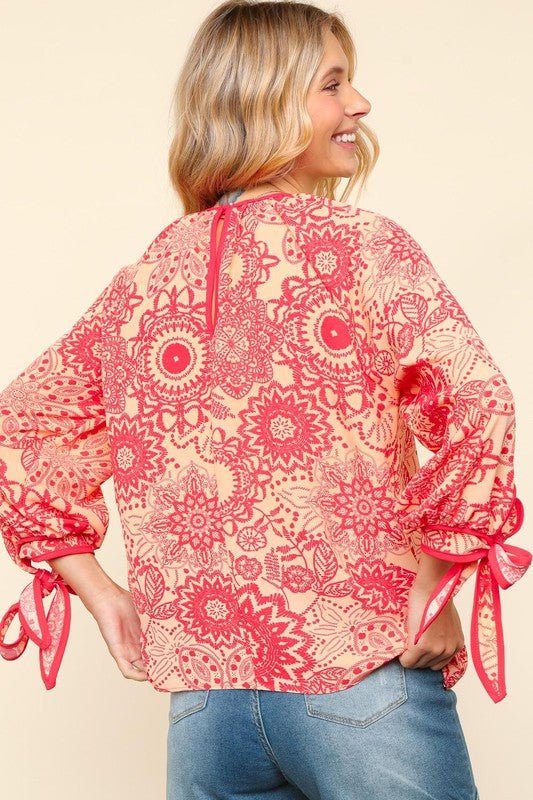 Haptics - Floral Bow Detail Blouse in Peach & Coral