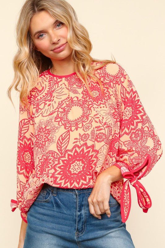 Haptics - Floral Bow Detail Blouse in Peach & Coral