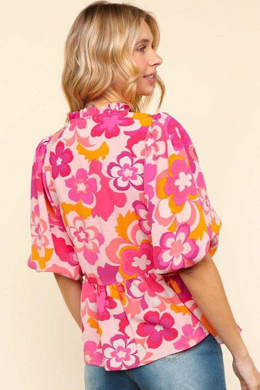 Haptics - Floral Puff Sleeve Blouse in Blush & Fuchsia