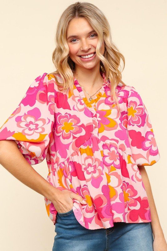 Haptics - Floral Puff Sleeve Blouse in Blush & Fuchsia