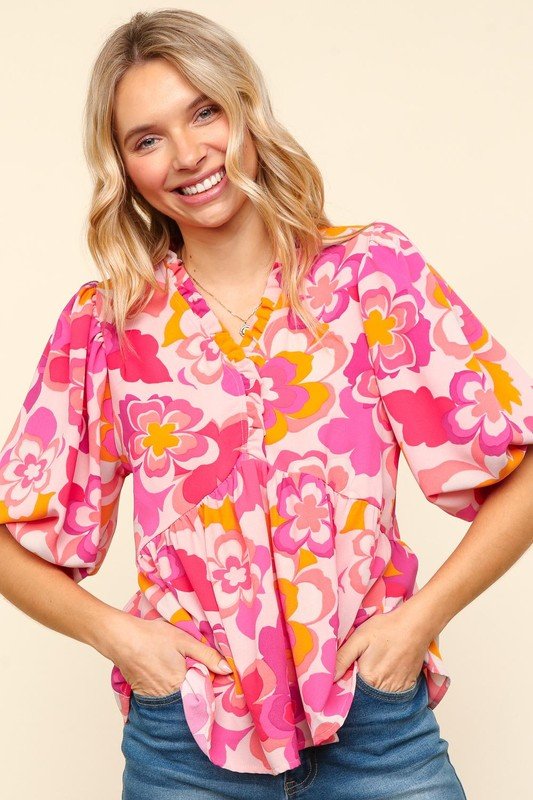 Haptics - Floral Puff Sleeve Blouse in Blush & Fuchsia