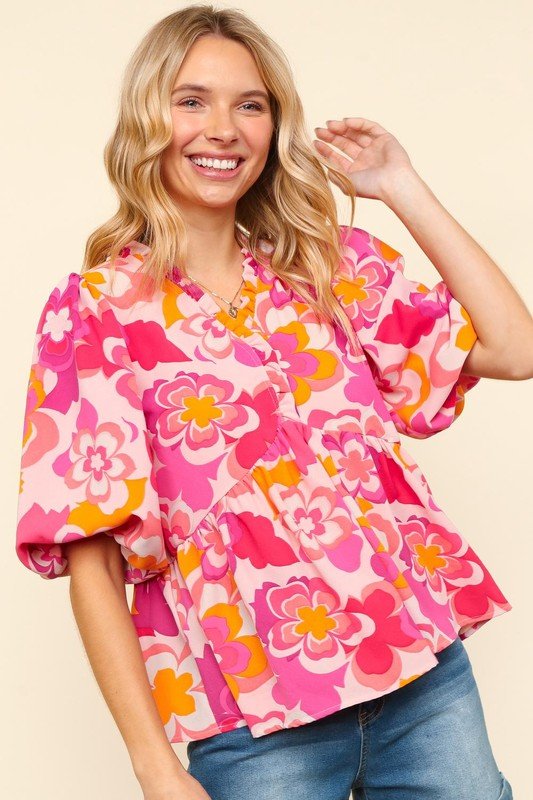 Haptics - Floral Puff Sleeve Blouse in Blush & Fuchsia