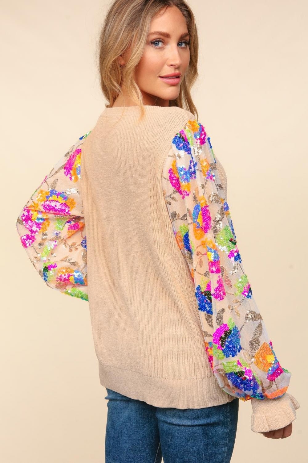 Haptics - Floral Sequins Mesh Flounce Sleeve Sweater in Tan