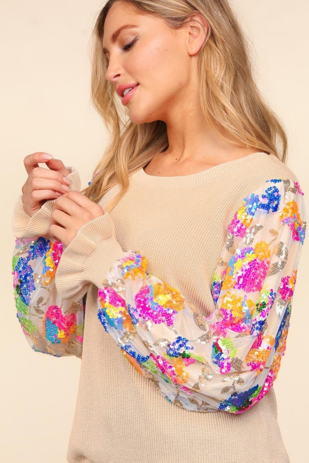 Haptics - Floral Sequins Mesh Flounce Sleeve Sweater in Tan