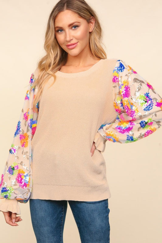 Haptics - Floral Sequins Mesh Flounce Sleeve Sweater in Tan