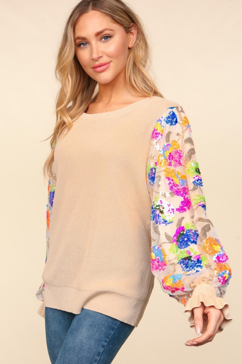 Haptics - Floral Sequins Mesh Flounce Sleeve Sweater in Tan