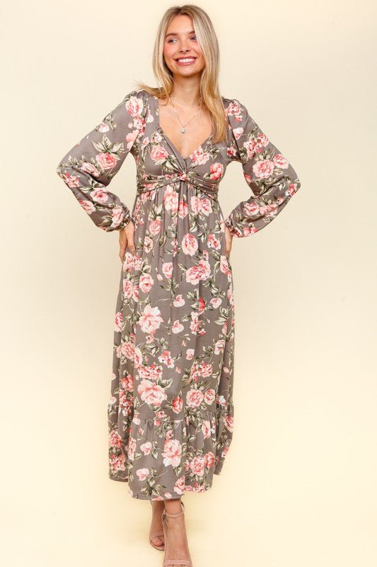 Haptics - Floral Twisted Detail Ruffled Hem Maxi Dress in Mauve Blush