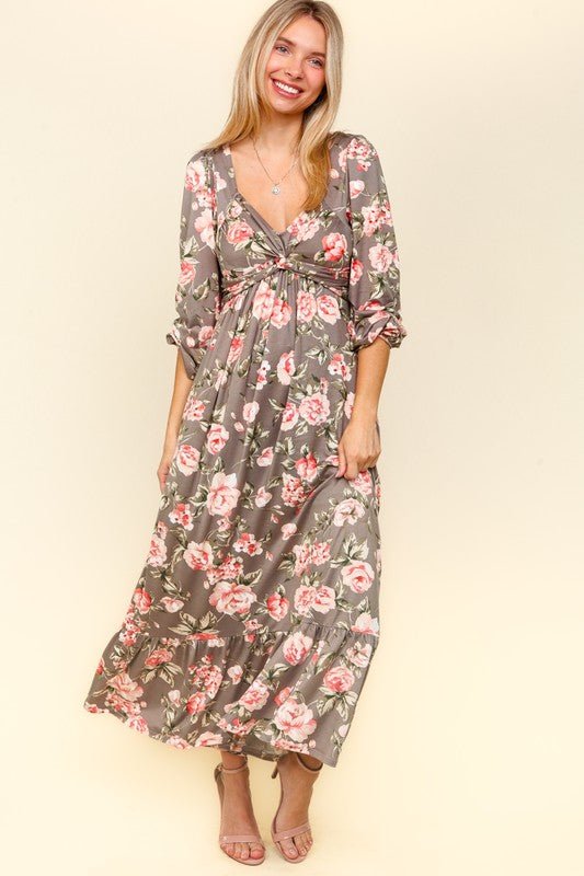 Haptics - Floral Twisted Detail Ruffled Hem Maxi Dress in Mauve Blush