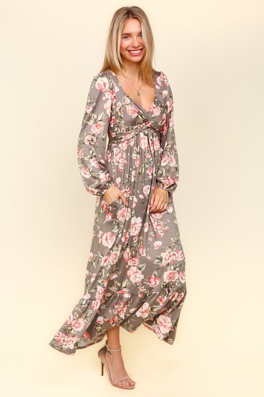 Haptics - Floral Twisted Detail Ruffled Hem Maxi Dress in Mauve Blush