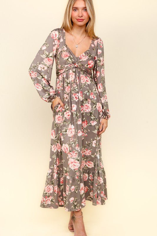 Haptics - Floral Twisted Detail Ruffled Hem Maxi Dress in Mauve Blush