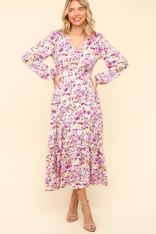 Haptics - Floral V - Neck Long Sleeve Midi Dress in Lilac