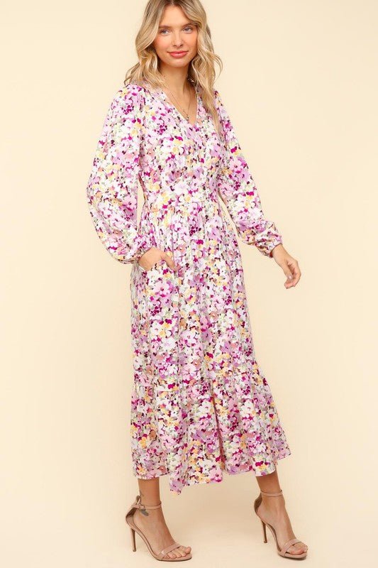 Haptics - Floral V - Neck Long Sleeve Midi Dress in Lilac