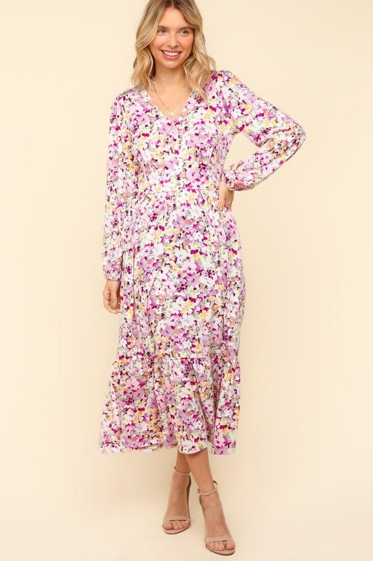 Haptics - Floral V - Neck Long Sleeve Midi Dress in Lilac