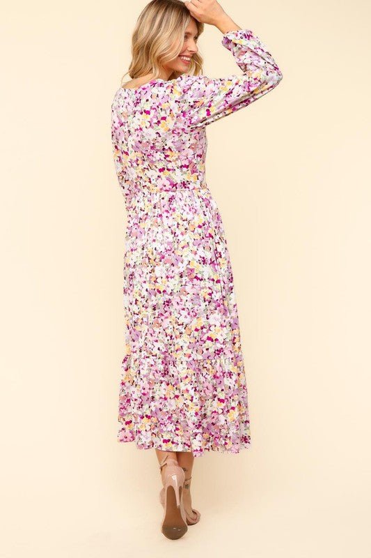 Haptics - Floral V - Neck Long Sleeve Midi Dress in Lilac