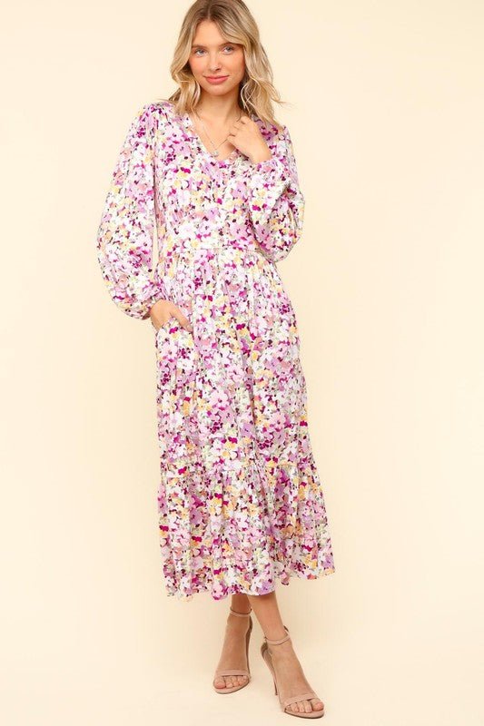 Haptics - Floral V - Neck Long Sleeve Midi Dress in Lilac