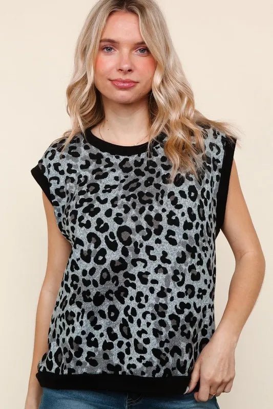 Haptics - Gray Leopard Print Cap Sleeve Sweater
