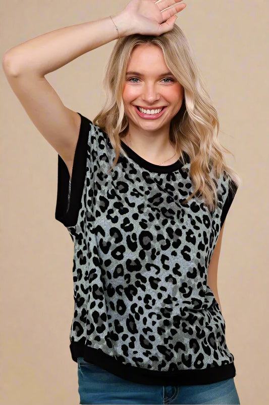 Haptics - Gray Leopard Print Cap Sleeve Sweater