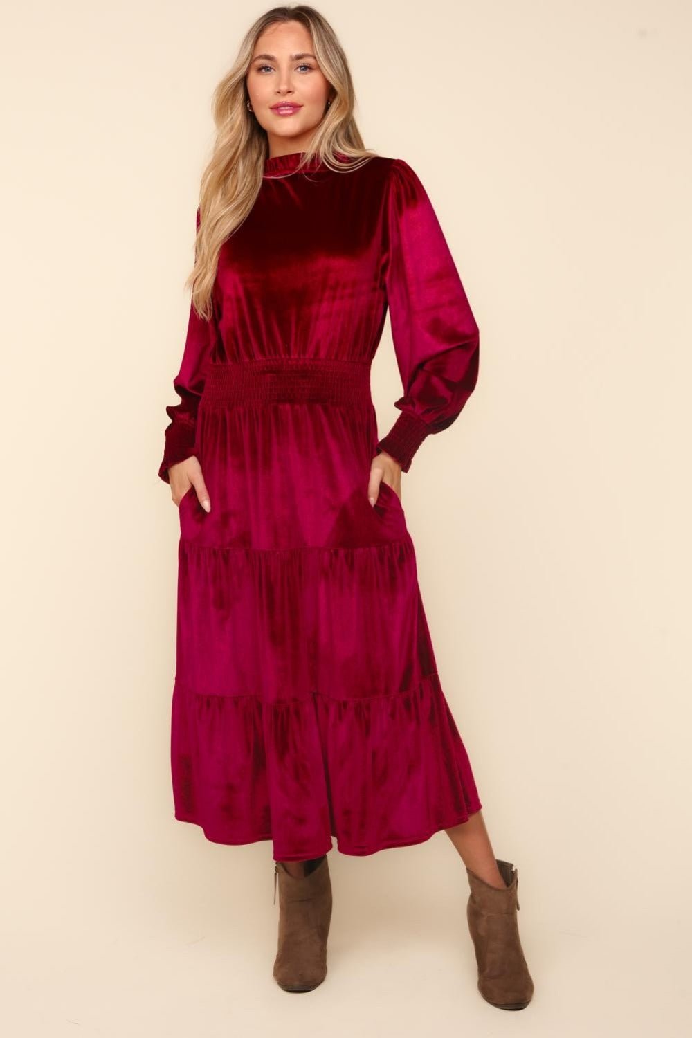 Haptics - Mock Neck Smocked Waist Velvet Midi Dress in Burgundy