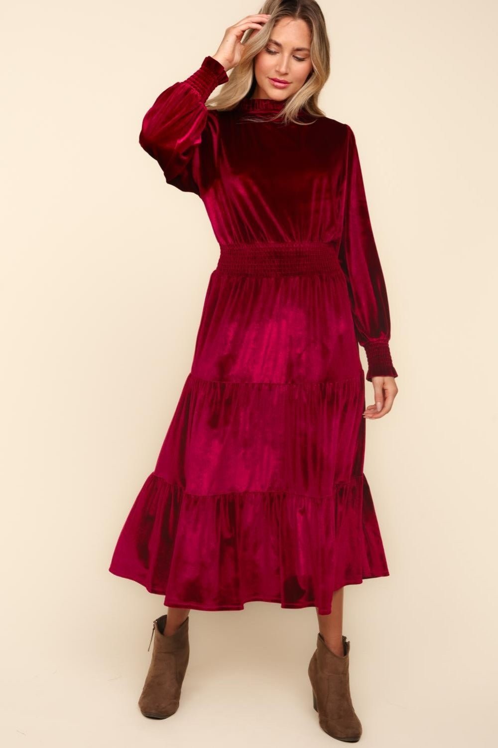 Haptics - Mock Neck Smocked Waist Velvet Midi Dress in Burgundy