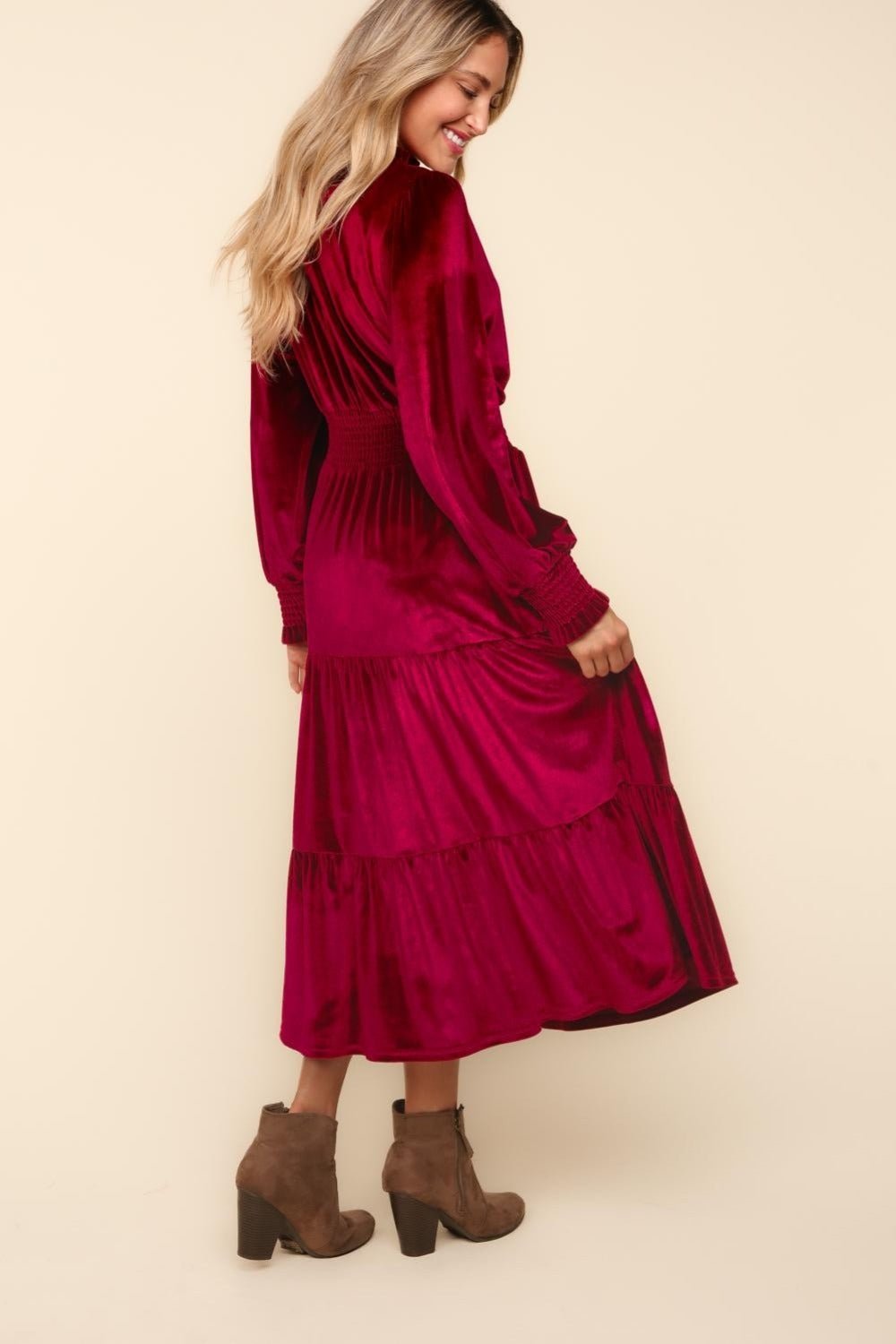 Haptics - Mock Neck Smocked Waist Velvet Midi Dress in Burgundy