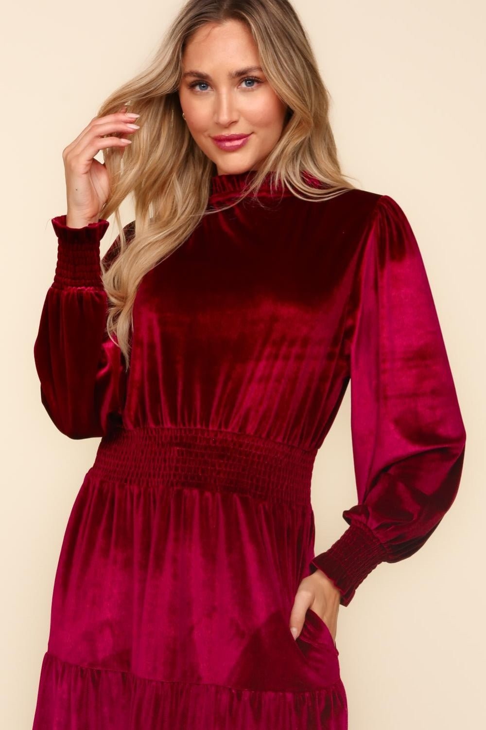 Haptics - Mock Neck Smocked Waist Velvet Midi Dress in Burgundy