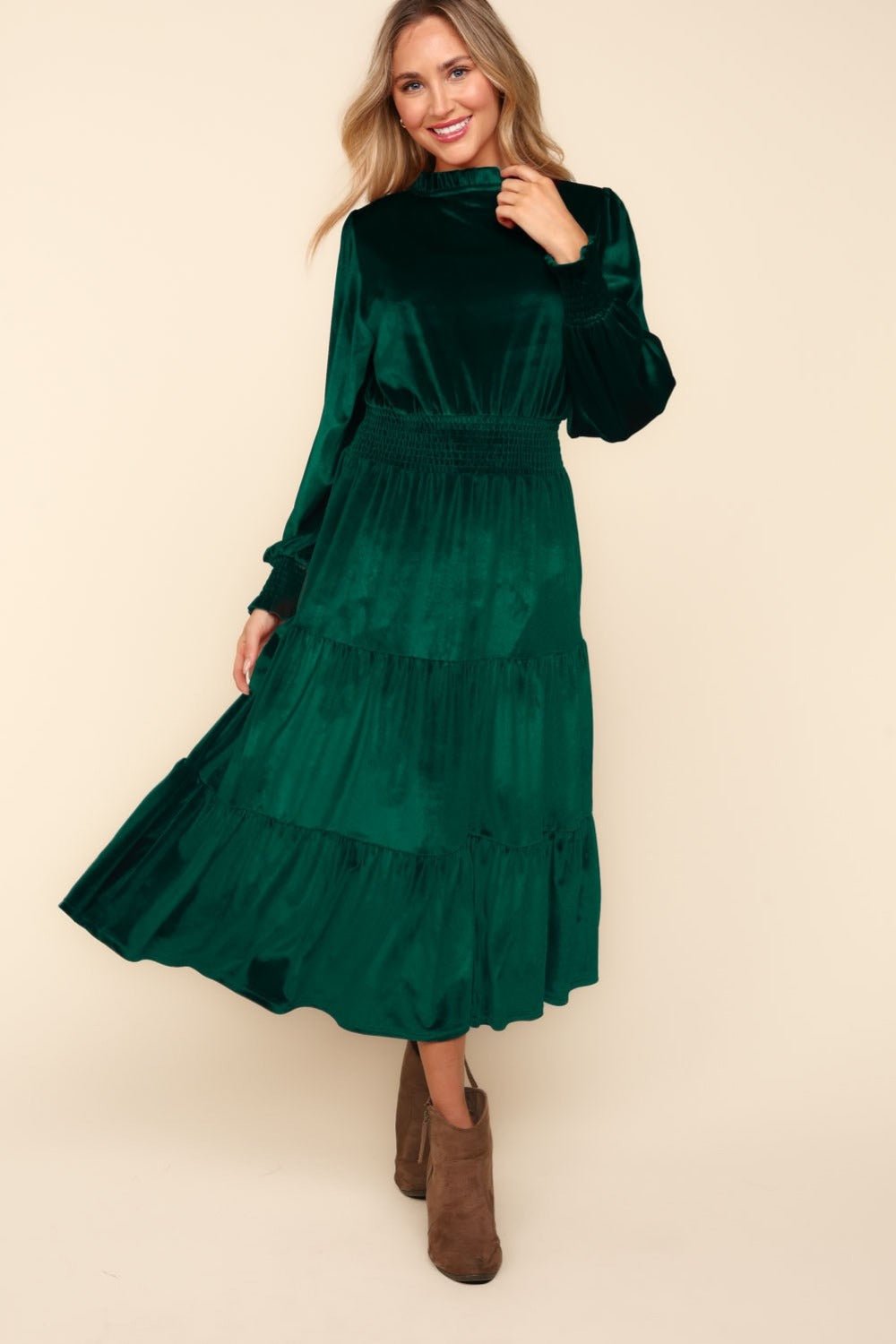 Haptics - Mock Neck Smocked Waist Velvet Midi Dress in Hunter Green