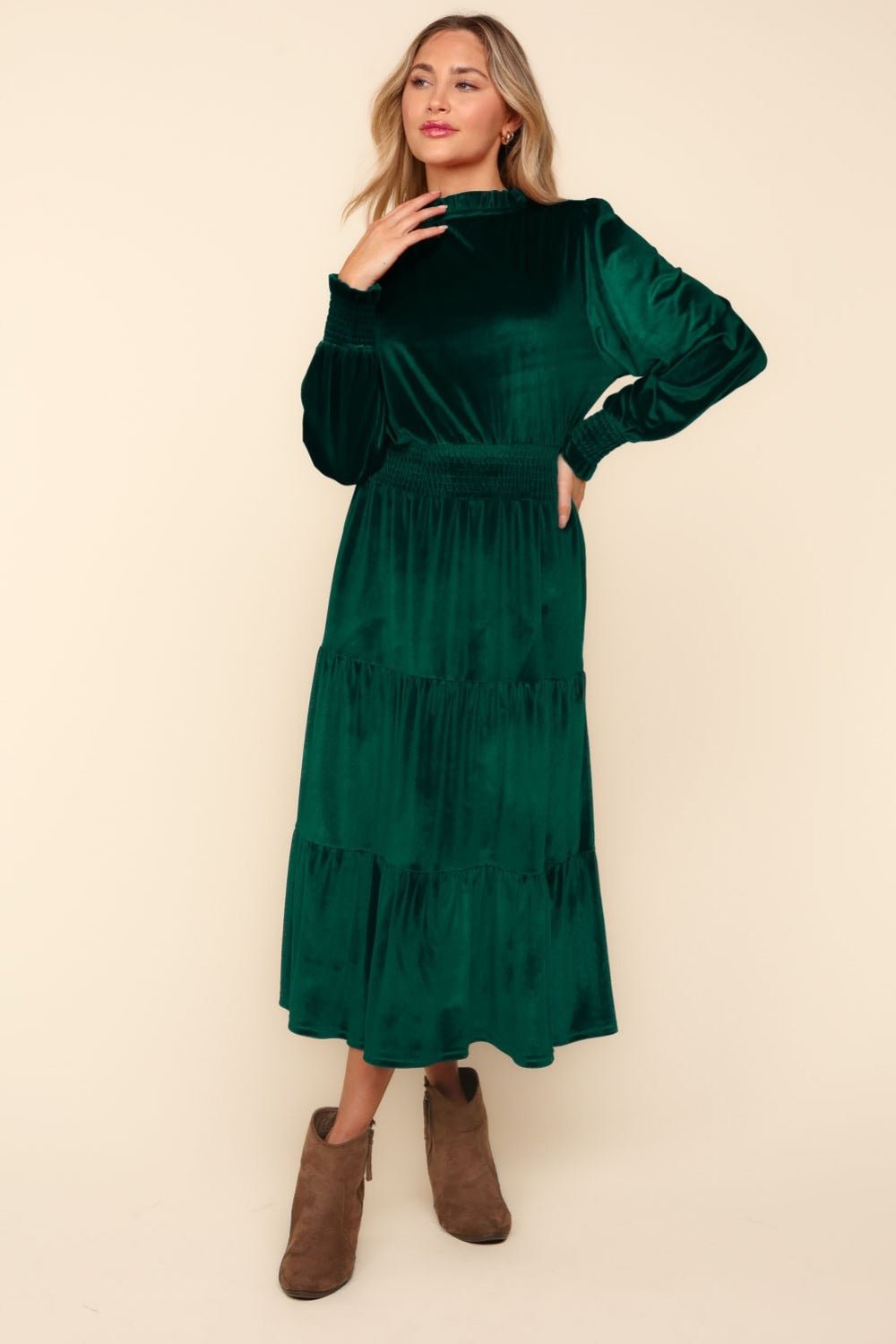 Haptics - Mock Neck Smocked Waist Velvet Midi Dress in Hunter Green