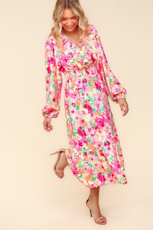 Haptics - Multicolor Floral Balloon Sleeve Midi Dress