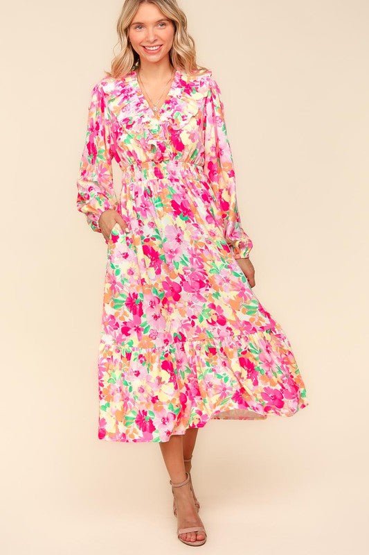 Haptics - Multicolor Floral Balloon Sleeve Midi Dress