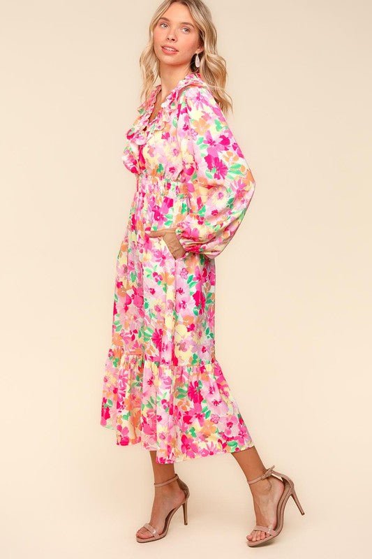 Haptics - Multicolor Floral Balloon Sleeve Midi Dress