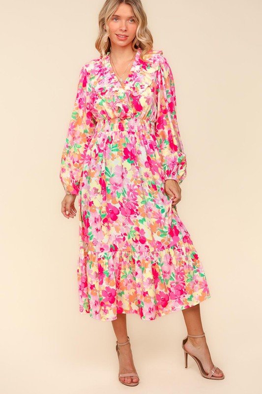 Haptics - Multicolor Floral Balloon Sleeve Midi Dress