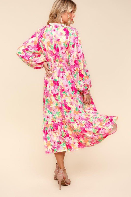 Haptics - Multicolor Floral Balloon Sleeve Midi Dress