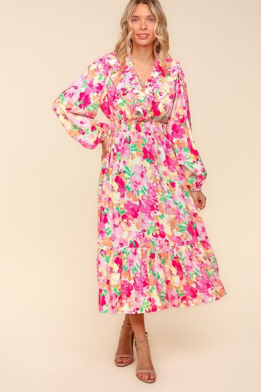 Haptics - Multicolor Floral Balloon Sleeve Midi Dress