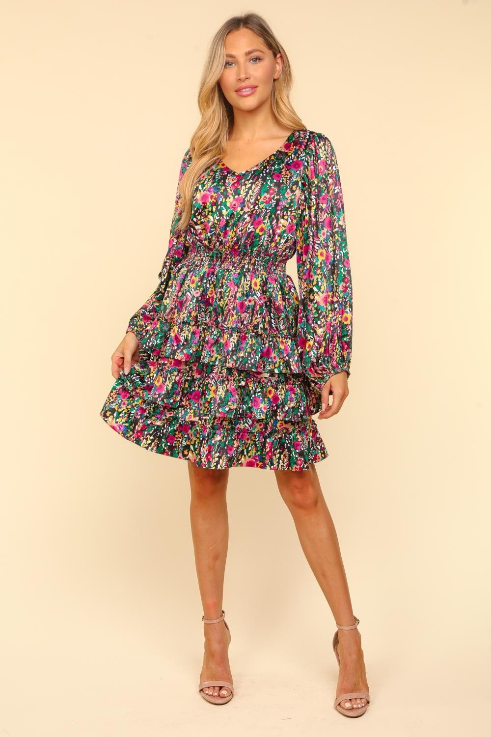 Haptics - Multicolor Floral Print V - Neck Satin Layered Mini Dress