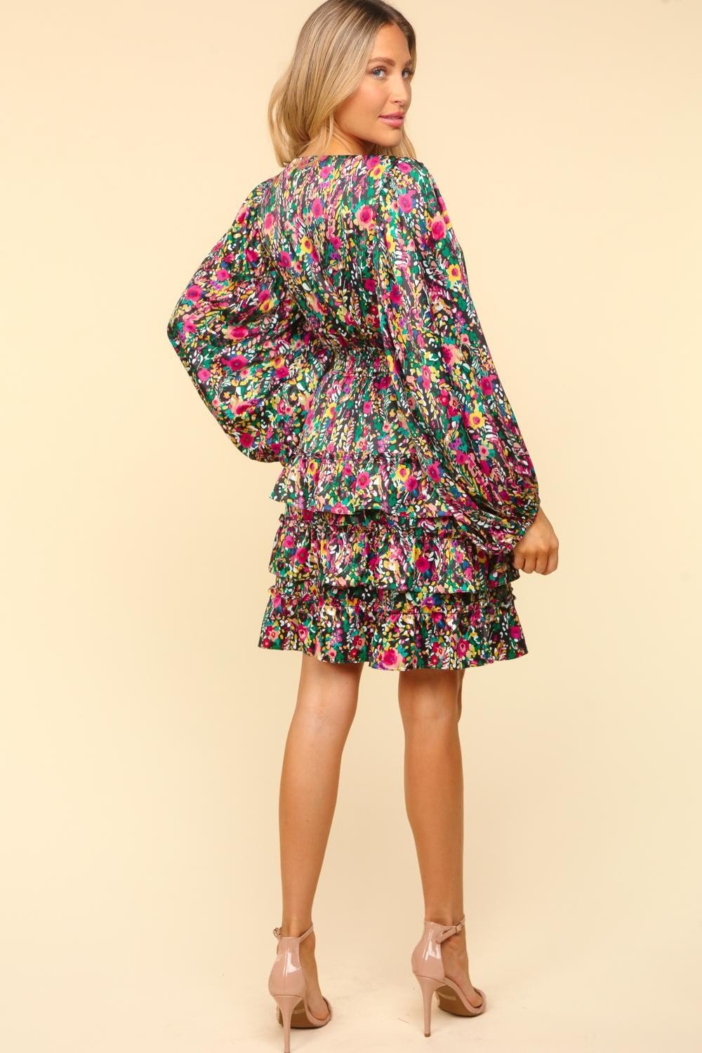 Haptics - Multicolor Floral Print V - Neck Satin Layered Mini Dress