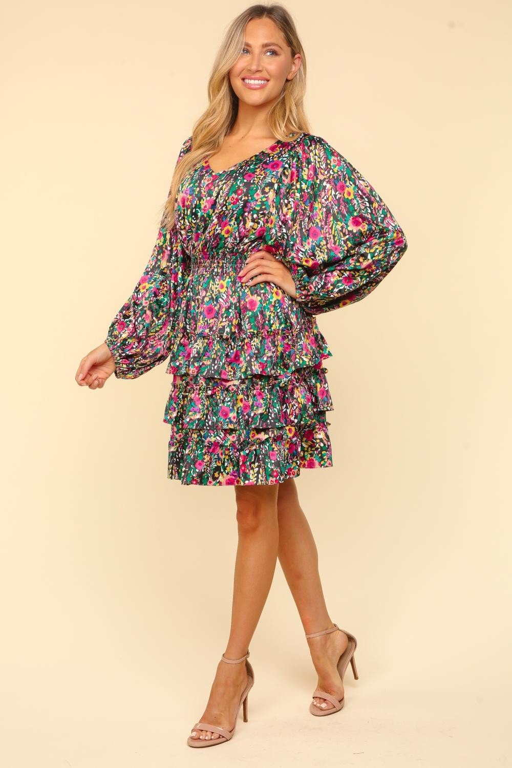 Haptics - Multicolor Floral Print V - Neck Satin Layered Mini Dress