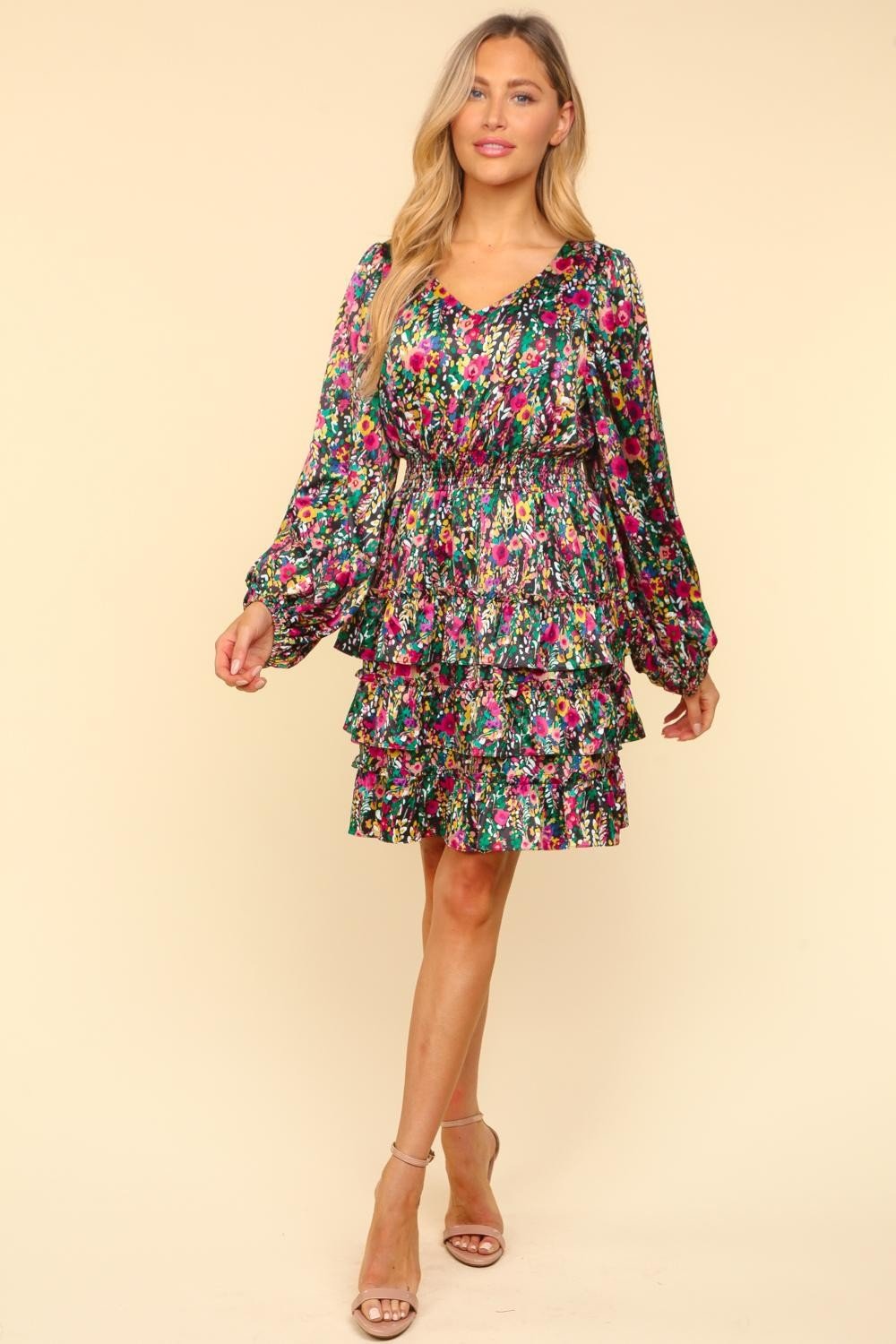 Haptics - Multicolor Floral Print V - Neck Satin Layered Mini Dress