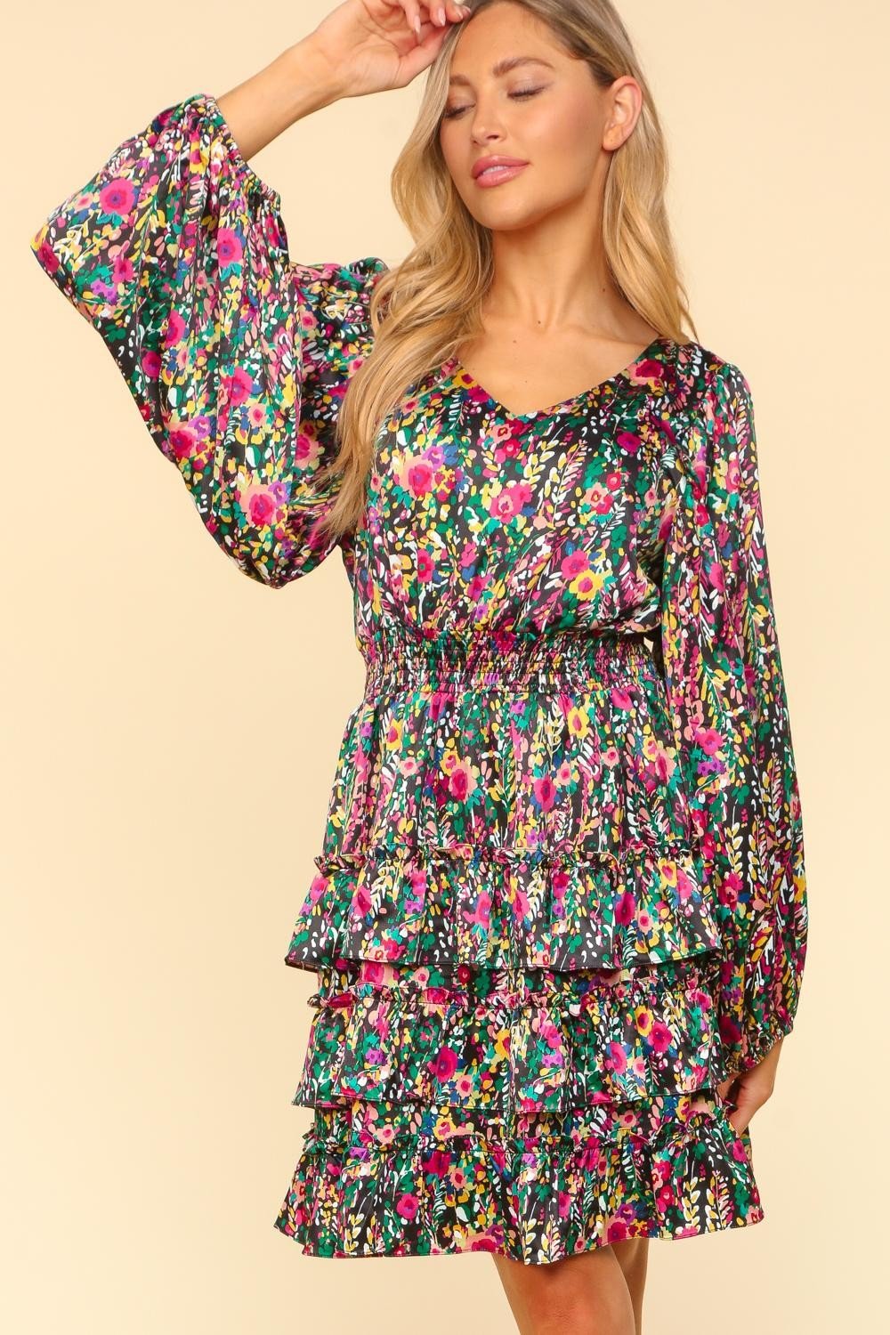 Haptics - Multicolor Floral Print V - Neck Satin Layered Mini Dress