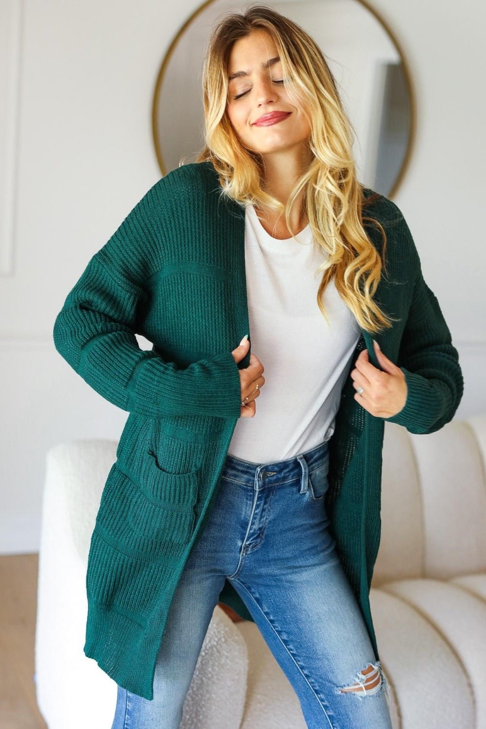 Haptics - Open Front Cardigan with Pockets in Hunter Green