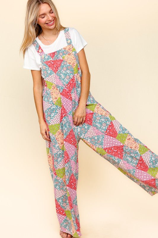 Haptics - Patchwork Floral Wide Leg Overalls in Coral & Seafoam