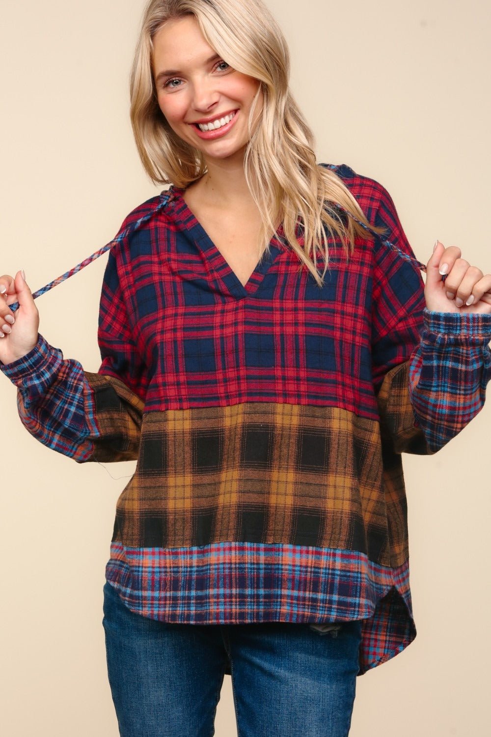 Haptics - Plaid Color Block Hooded Top in Red Mustard