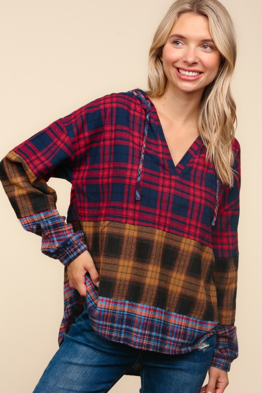 Haptics - Plaid Color Block Hooded Top in Red Mustard