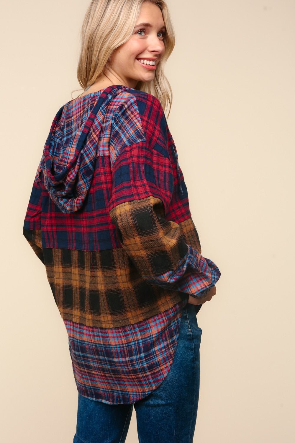 Haptics - Plaid Color Block Hooded Top in Red Mustard